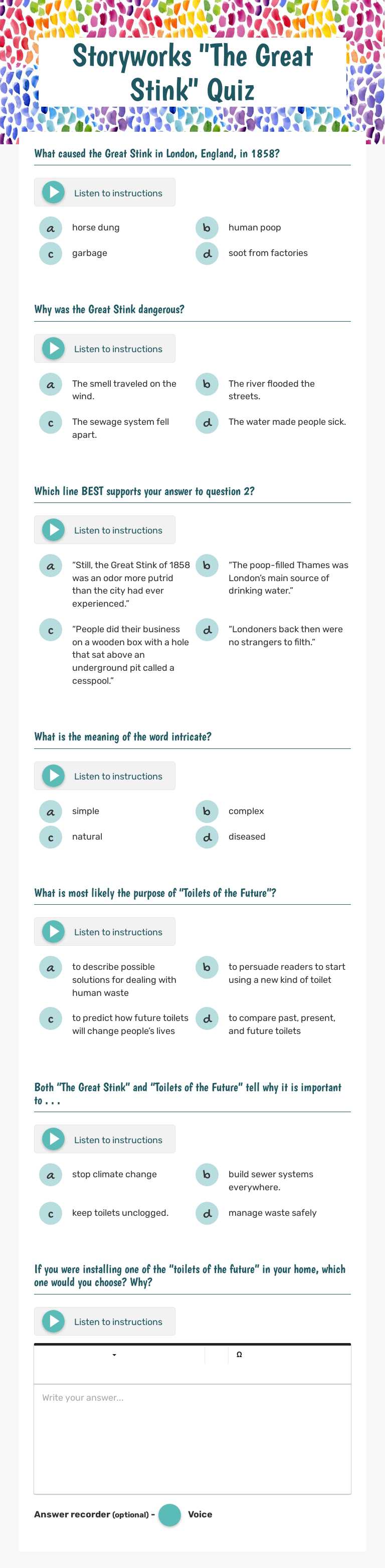 Storyworks "The Great Stink" Quiz Grade 4 worksheet preview