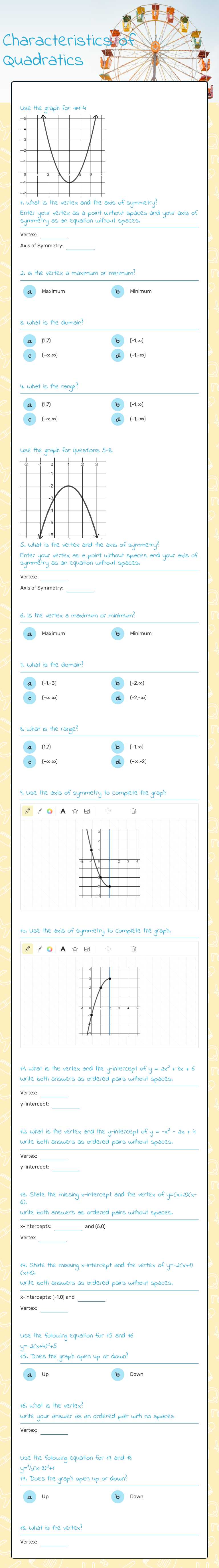 Characteristics of Quadratics Grade 10 worksheet preview