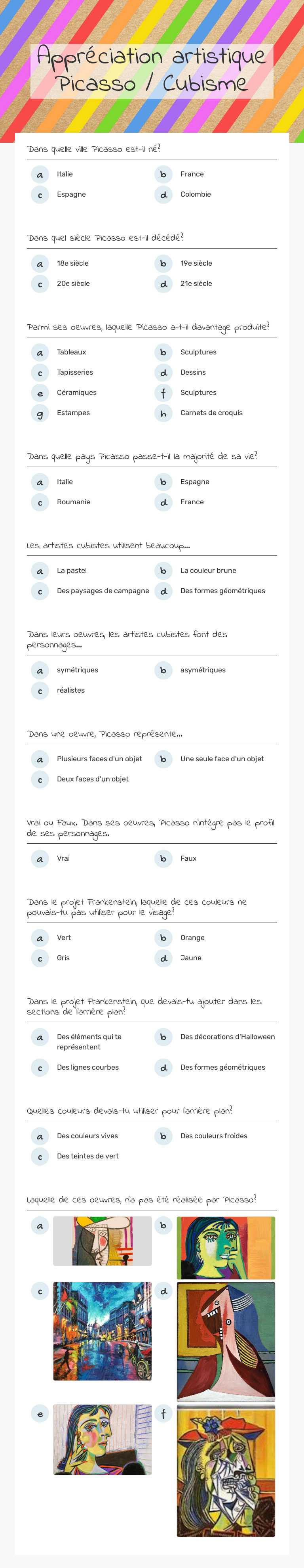 Appréciation artistique Picasso / Cubisme Grade 6 worksheet preview