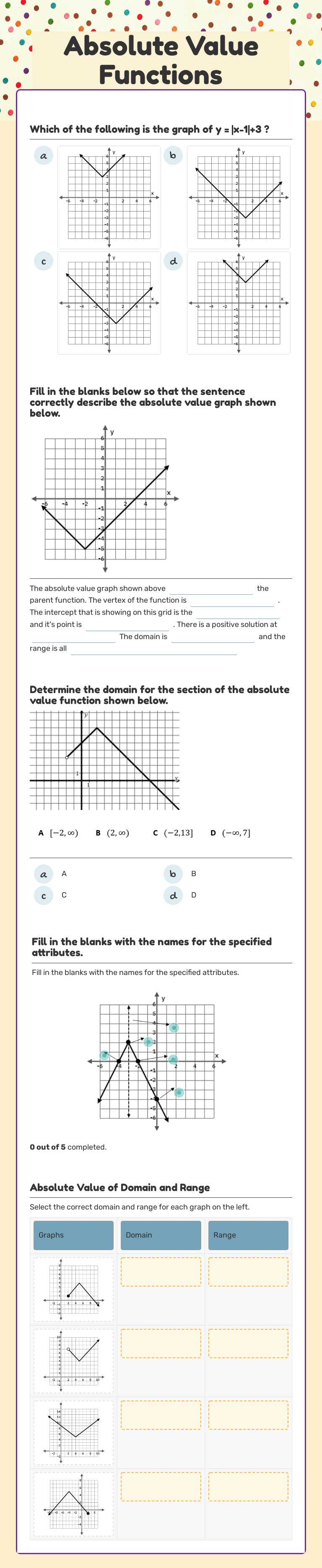 Absolute Value Functions worksheet preview image