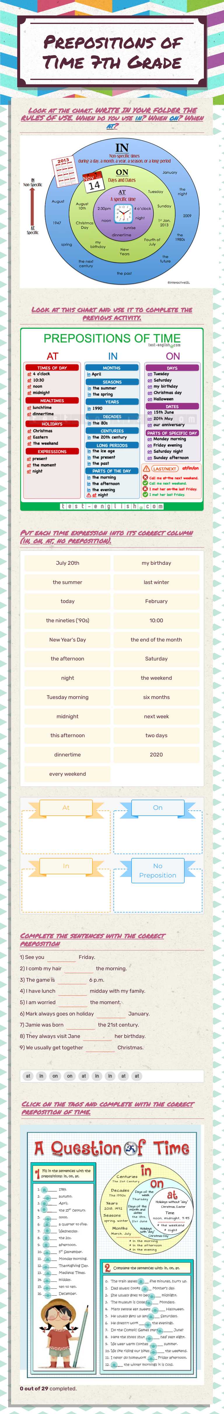 Prepositions of Time 7th Grade worksheet preview image
