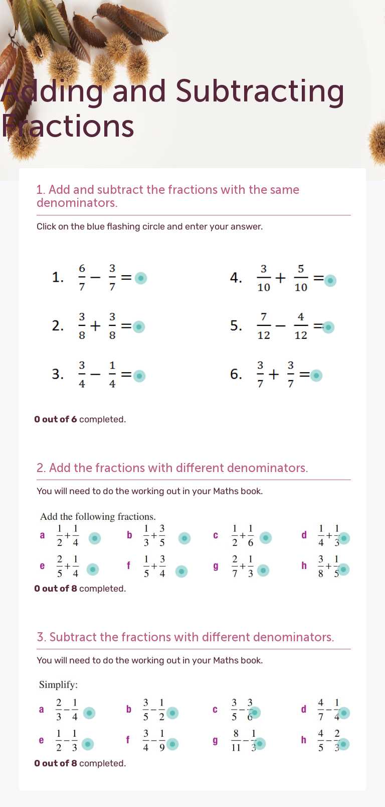 Adding and Subtracting Fractions worksheet preview image