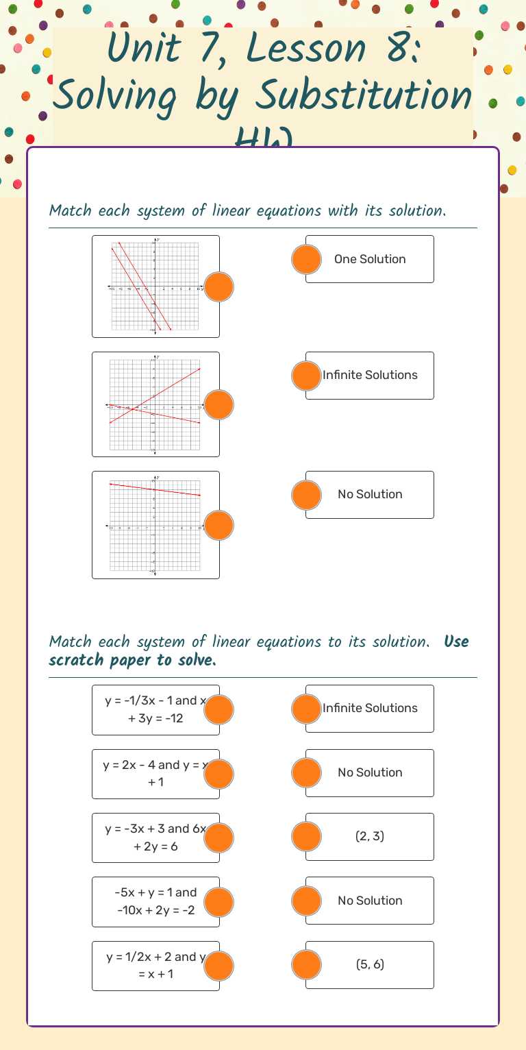 Unit 7, Lesson 8: Solving by Substitution HW worksheet preview image