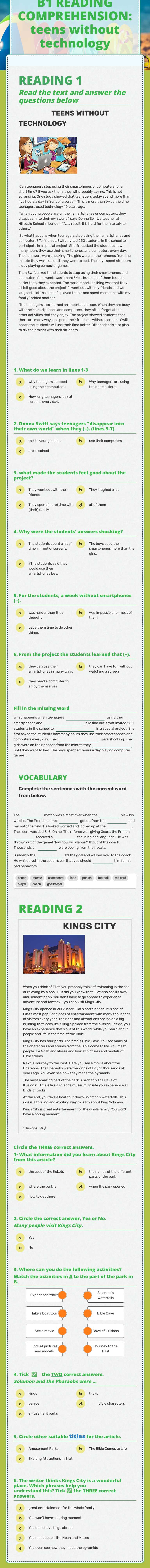 B1 READING COMPREHENSION: teens without technology Grade 6 worksheet preview