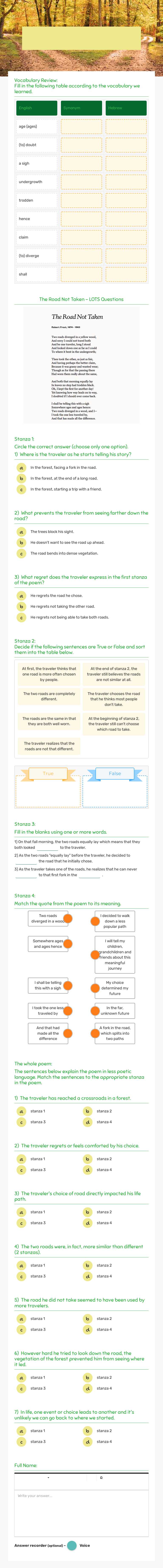 The Road Not Taken Task 1 Grade 10 worksheet preview