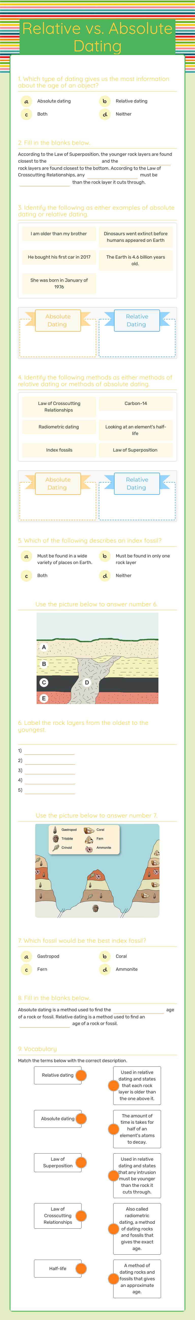Relative vs. Absolute Dating worksheet preview image
