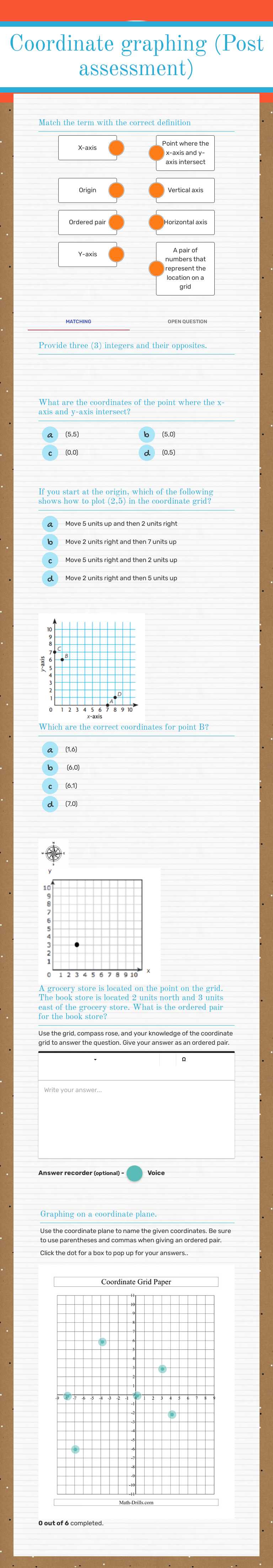 Coordinate graphing
(Post assessment) Grade 5 worksheet preview