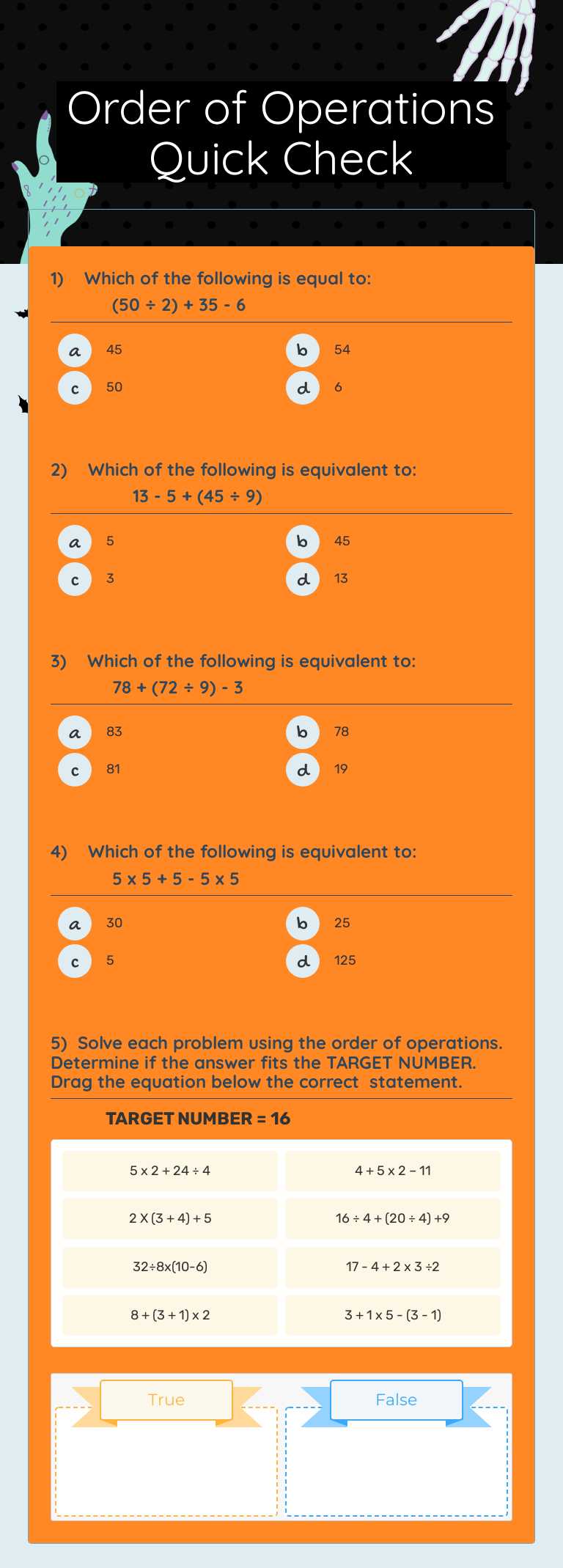 Order of Operations Quick Check Grade 5 worksheet preview