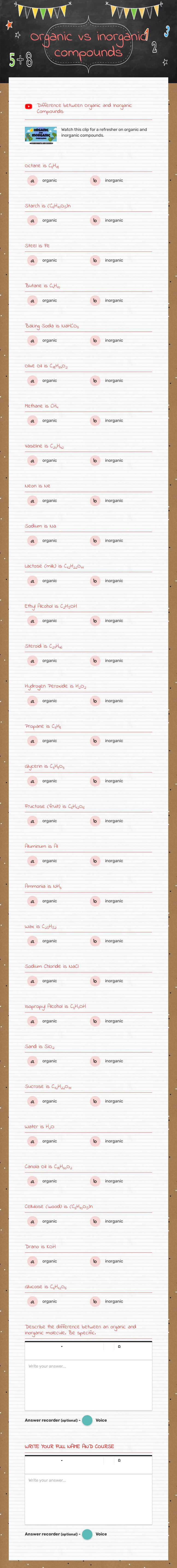 Organic vs inorganic compounds Grade 9 worksheet preview