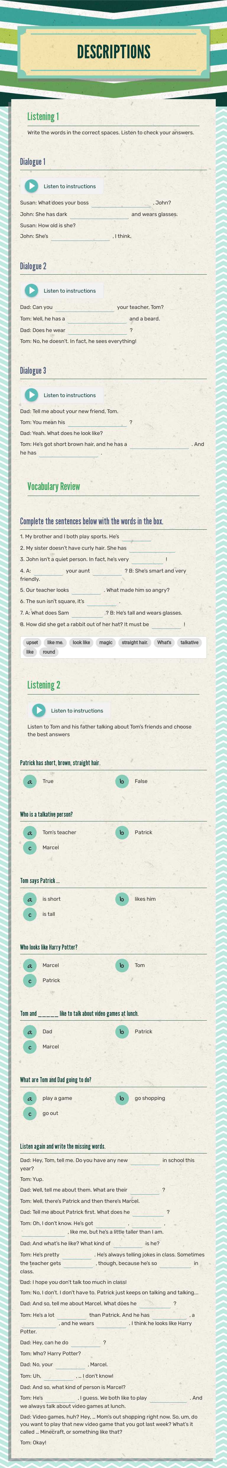 DESCRIPTIONS Grade 6 worksheet preview