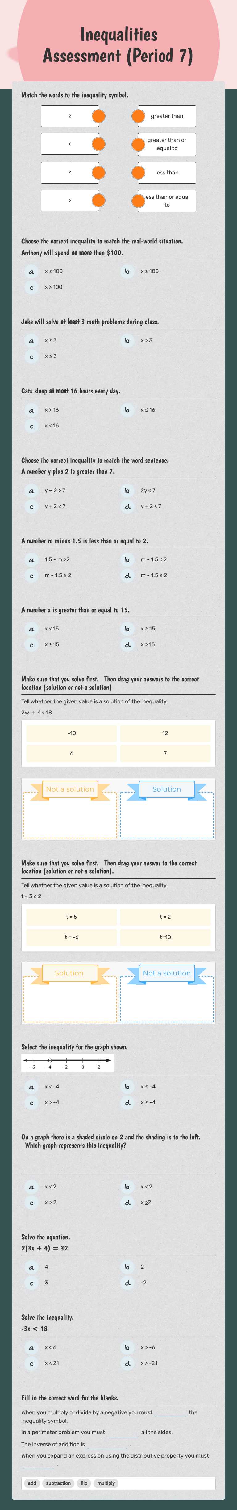 Inequalities Assessment
(Period 7) Grade 6 worksheet preview