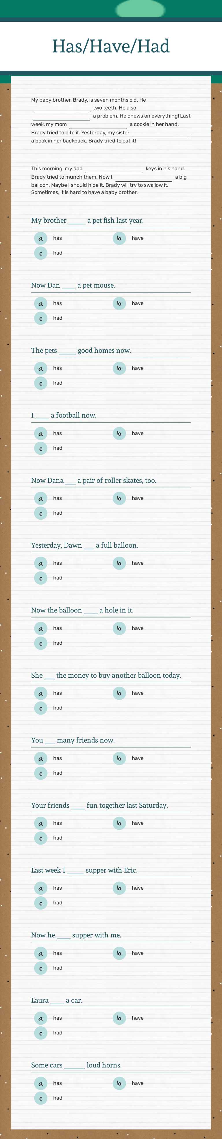 Has/Have/Had worksheet preview image
