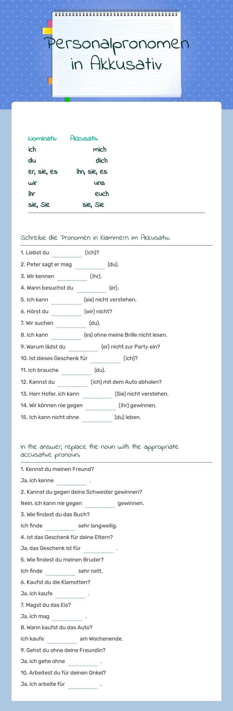 Personalpronomen in Akkusativ worksheet preview image