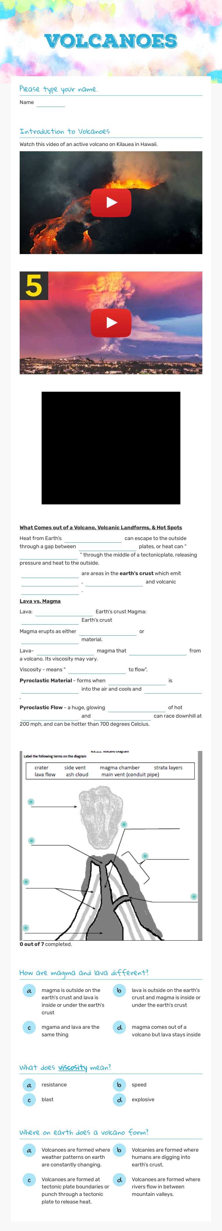 Volcanoes worksheet preview image