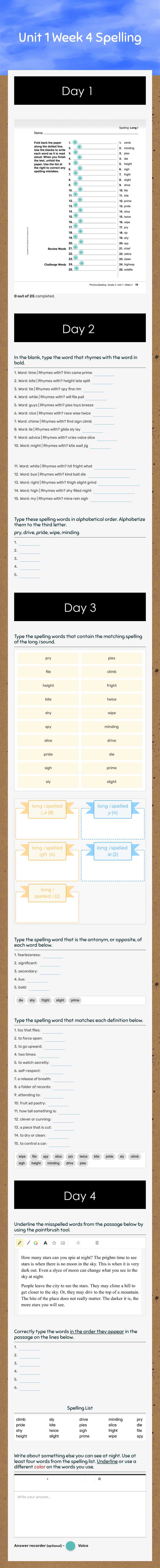 Unit 1 Week 4 Spelling Grade 4 worksheet preview