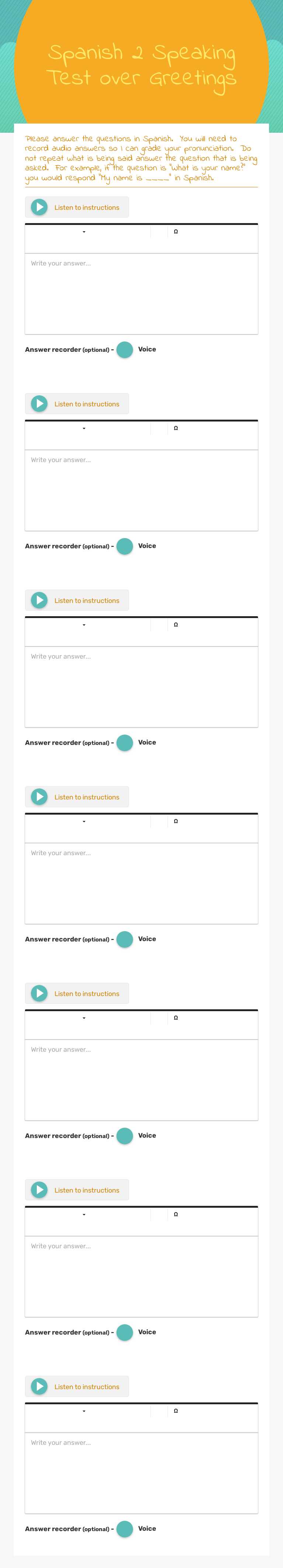 Spanish 2 
Speaking Test 
over Greetings Grade 10 worksheet preview