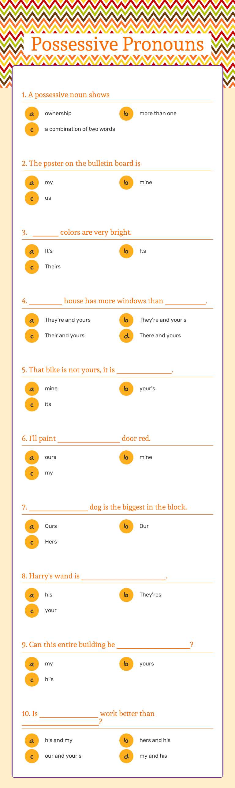 Possessive Pronouns Grade 6 worksheet preview