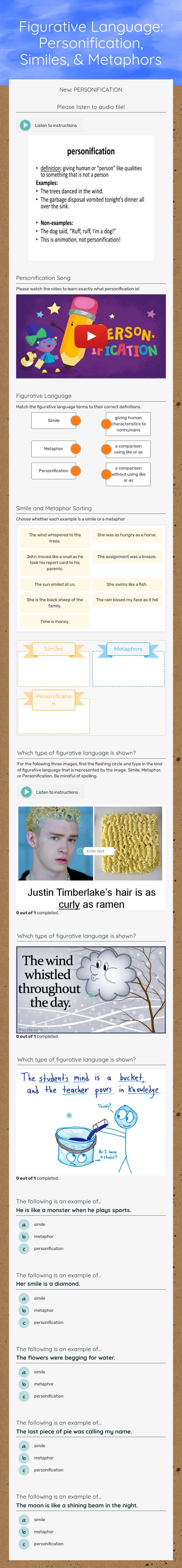 Figurative Language: Personification, Similes, & Metaphors Grade 6 worksheet preview