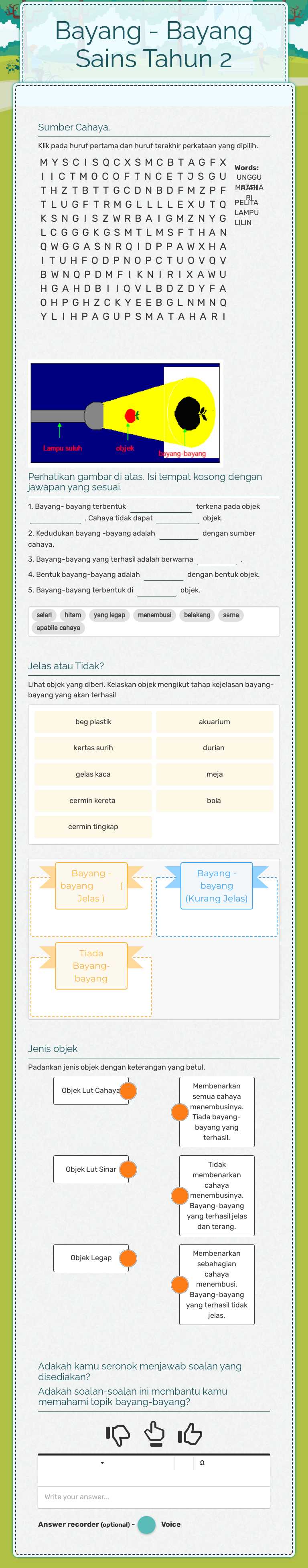 Bayang - Bayang    
           Sains Tahun 2 Grade 2 worksheet preview