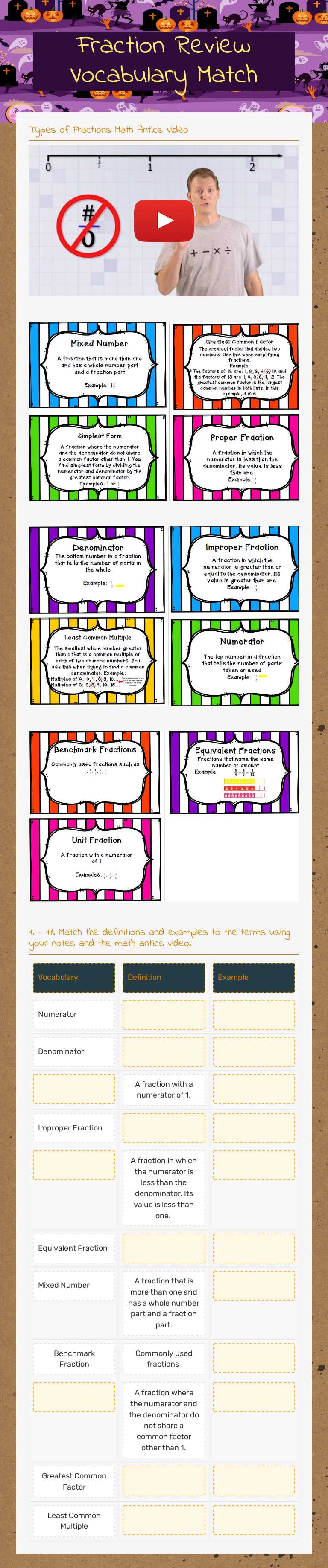 Fraction Review Vocabulary Match Grade 5 worksheet preview