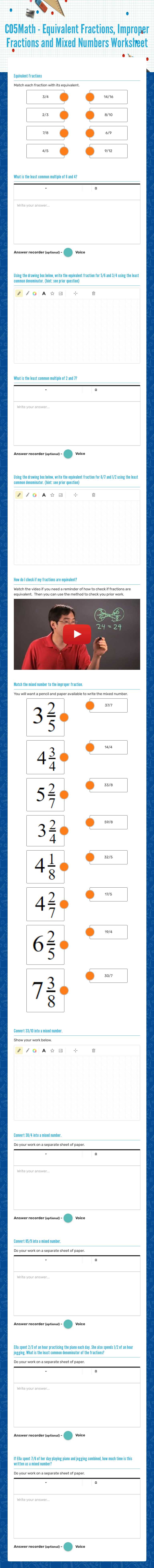 CO5Math - Equivalent Fractions, Improper Fractions and Mixed Numbers Worksheet worksheet preview image