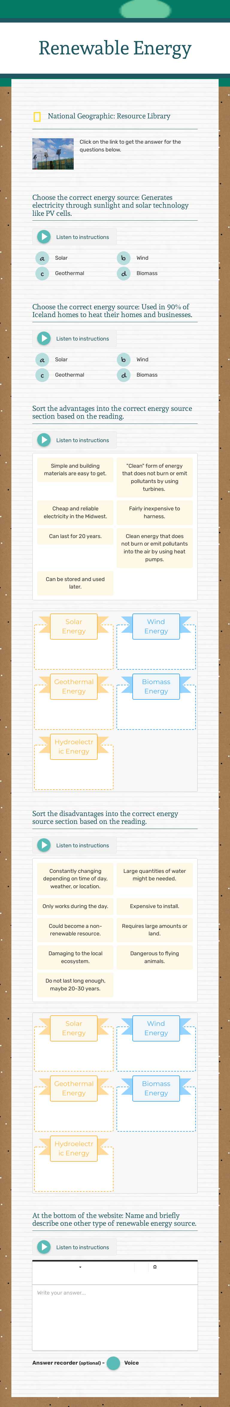 Renewable Energy worksheet preview image