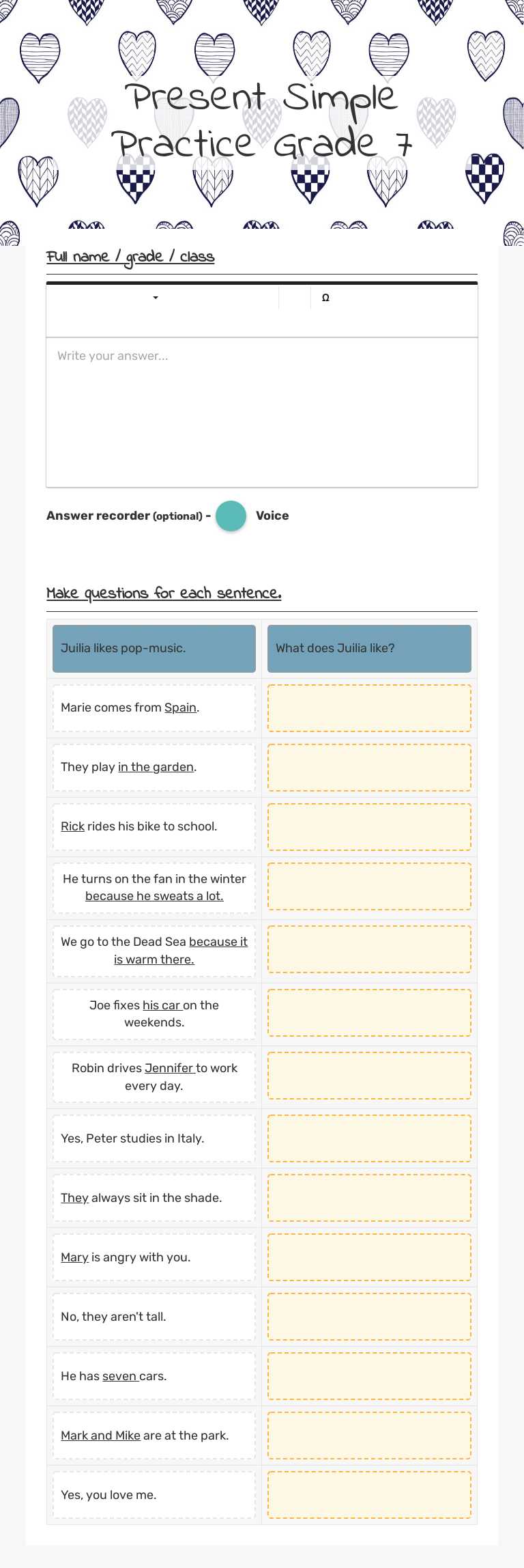 Present Simple Practice Grade 7 worksheet preview image