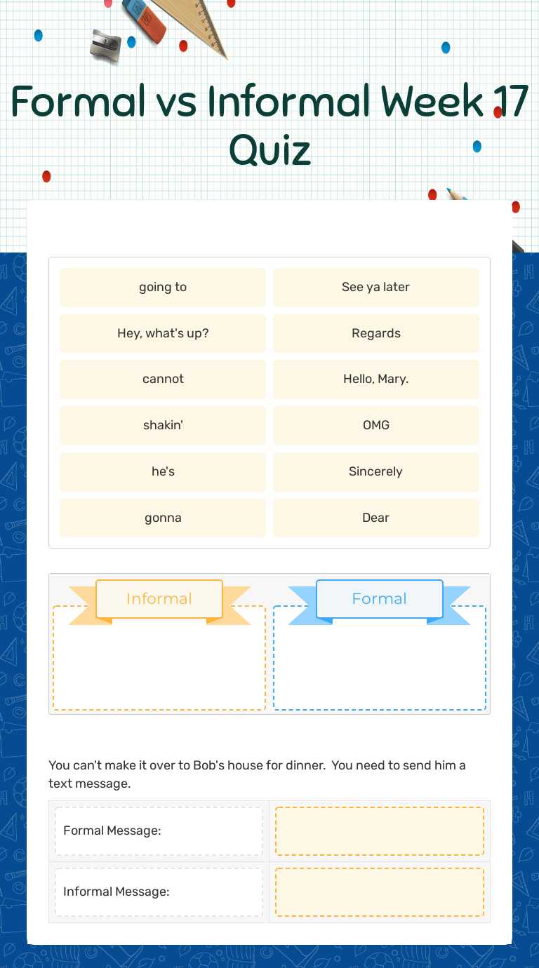 Formal vs Informal Week 17 Quiz Grade 8 worksheet preview