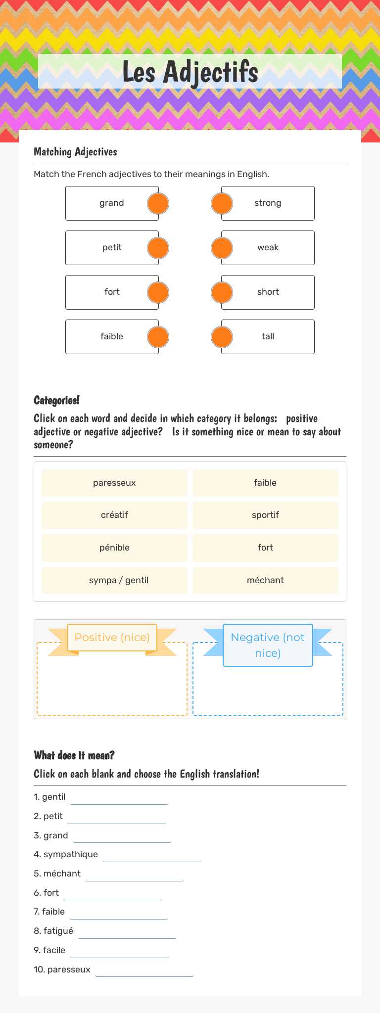 Les Adjectifs worksheet preview image
