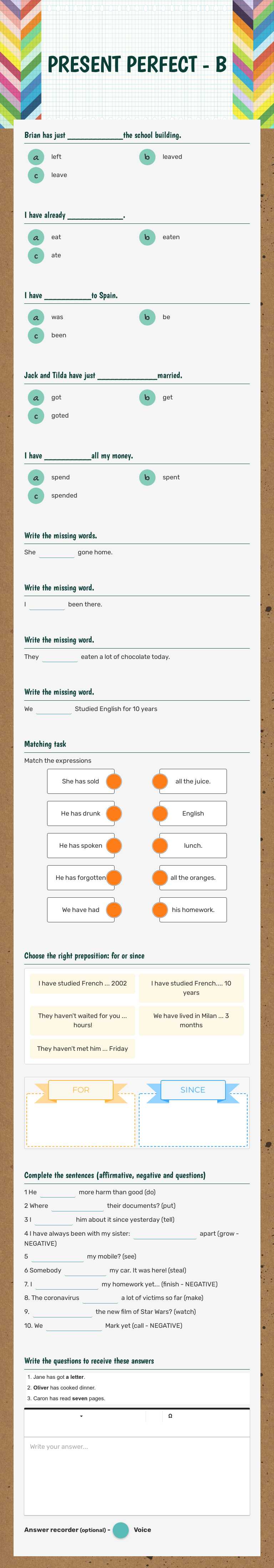 PRESENT PERFECT - B worksheet preview image