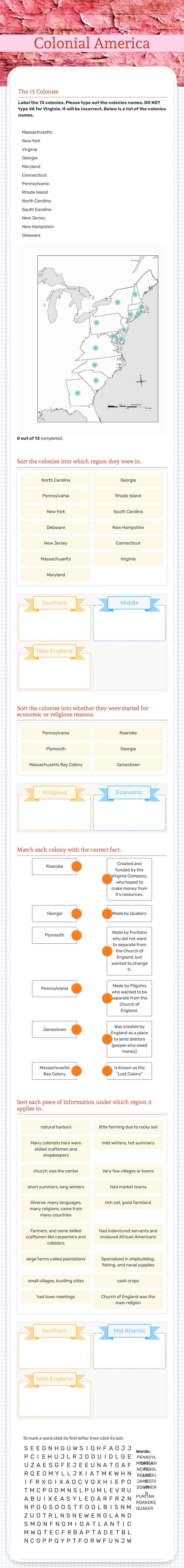 Colonial America Review worksheet preview image