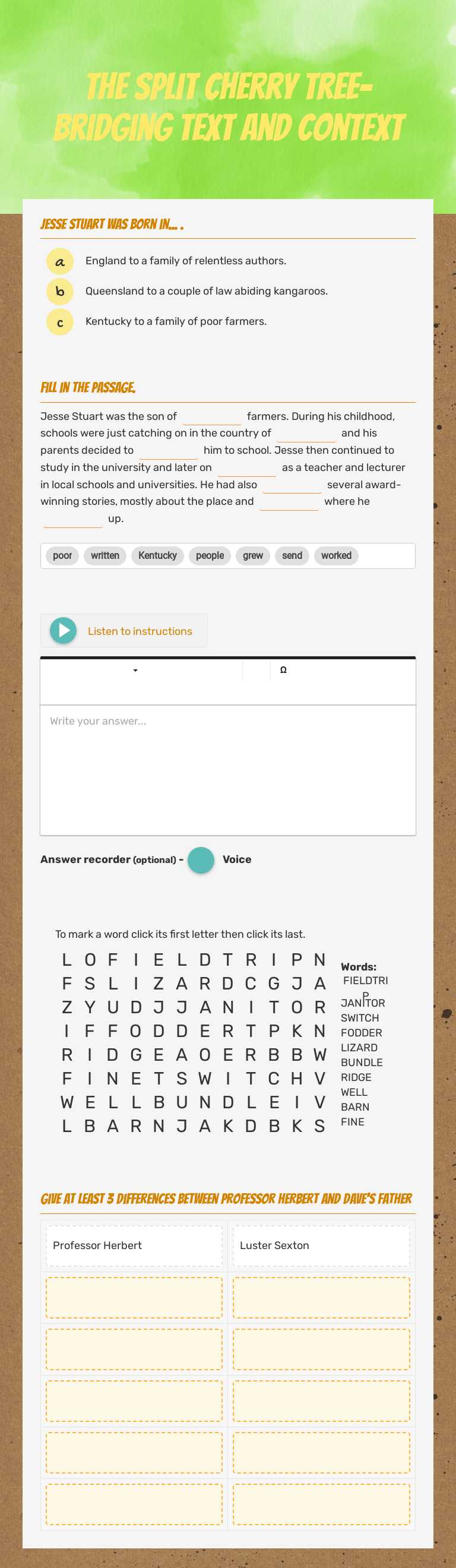 the split cherry tree- Bridging Text and context worksheet preview image