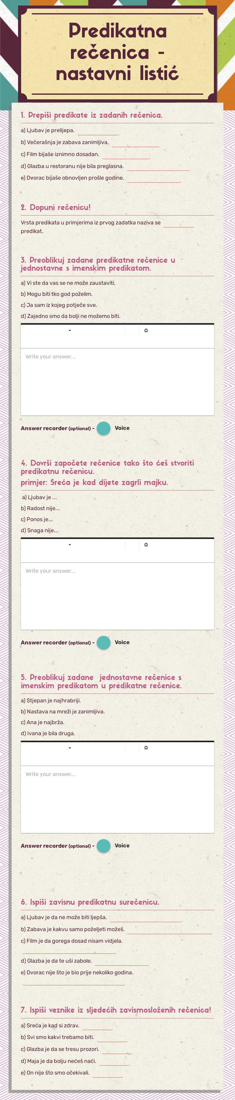 Predikatna rečenica -nastavni listić worksheet preview image