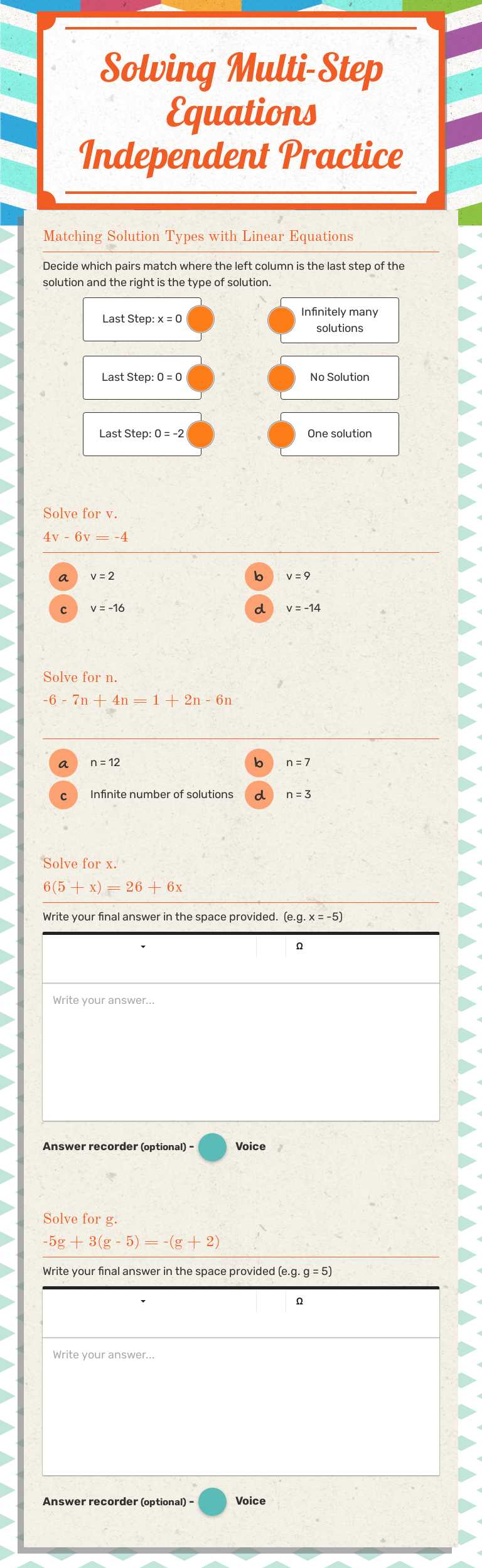 Solving Multi-Step Equations Independent Practice worksheet preview image