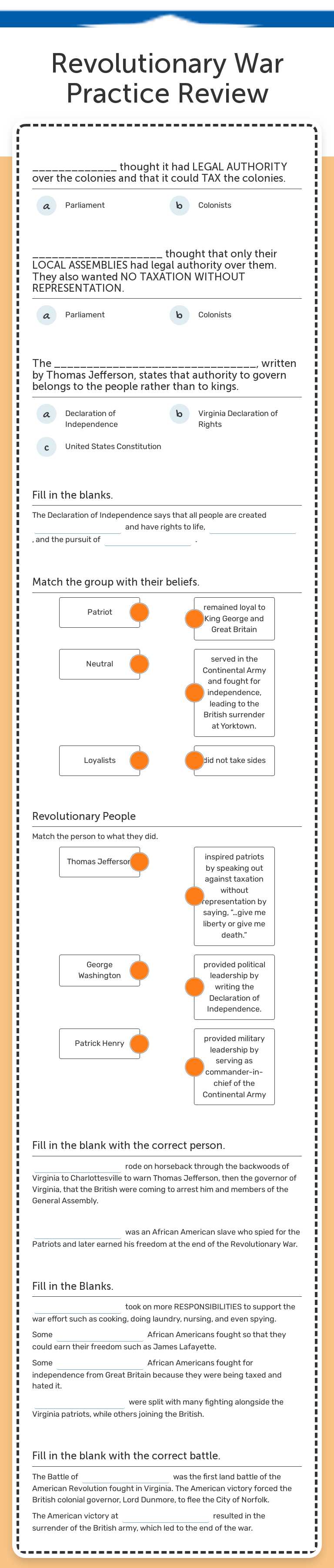 Revolutionary War Practice Review worksheet preview