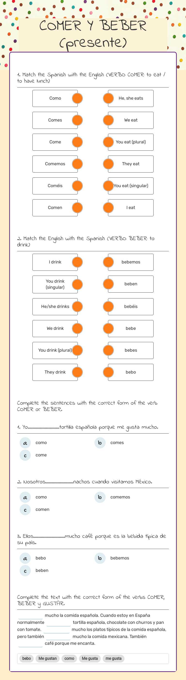 COMER Y BEBER (presente) Grade 7 worksheet preview