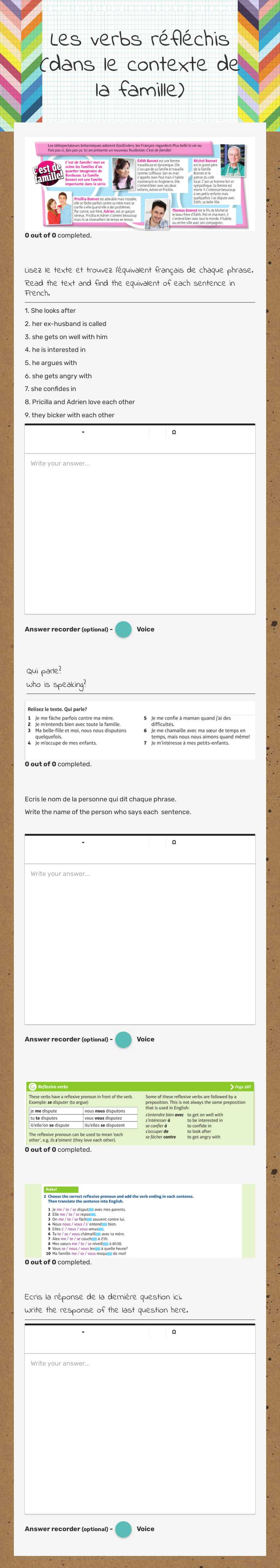 Les verbs réfléchis (dans le contexte de la famille) worksheet preview image
