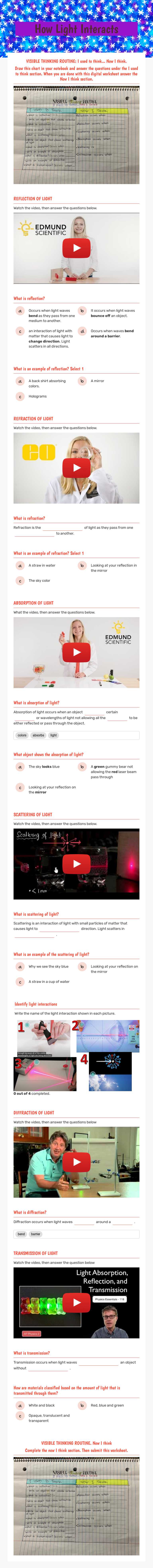 How Light Interacts worksheet preview image