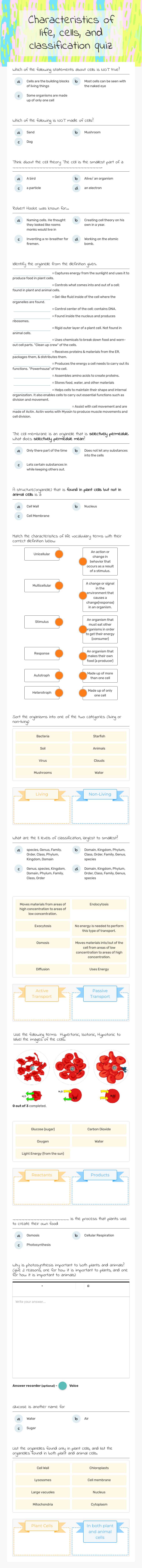 Characteristics of life, cells, and classification quiz Grade 7 worksheet preview