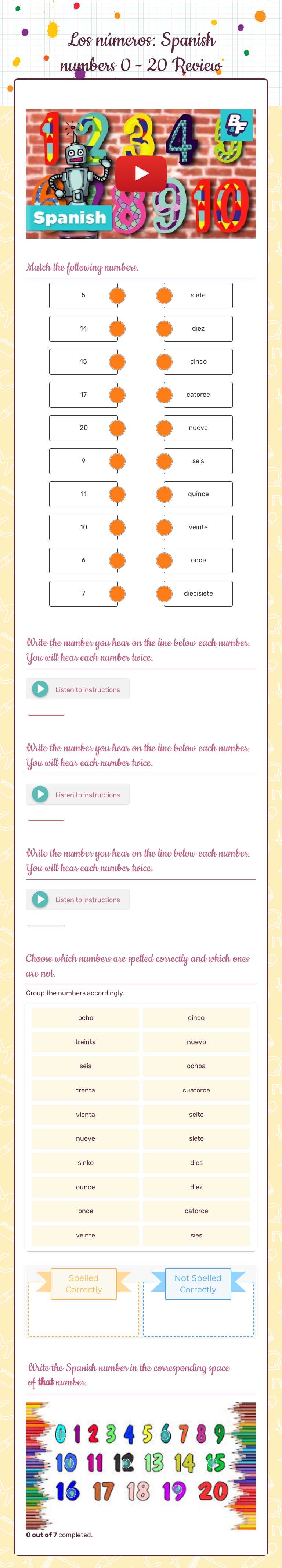 Los números: Spanish numbers 0 - 20 Review worksheet preview image