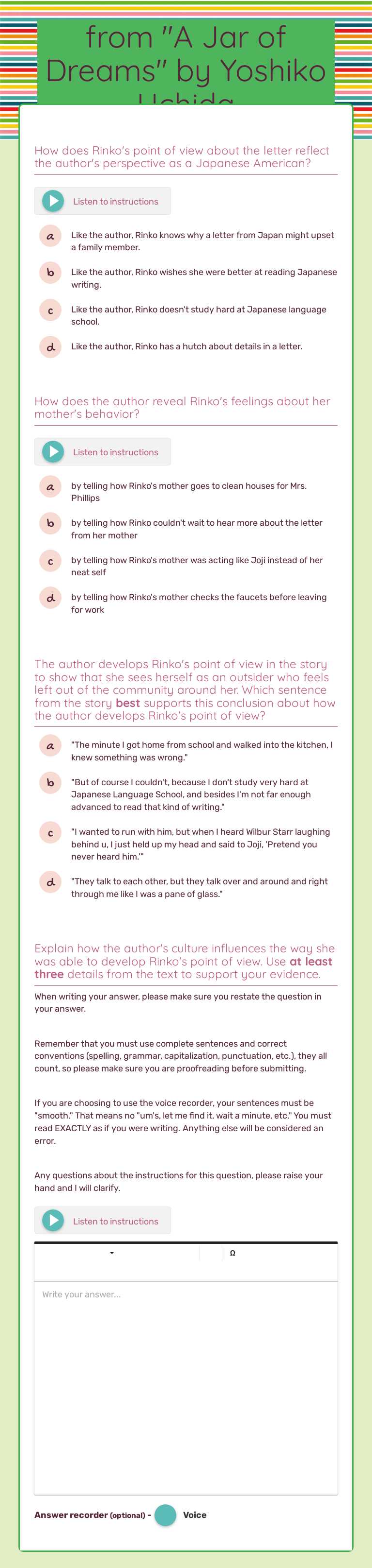 from "A Jar of Dreams" by Yoshiko Uchida Grade 6 worksheet preview