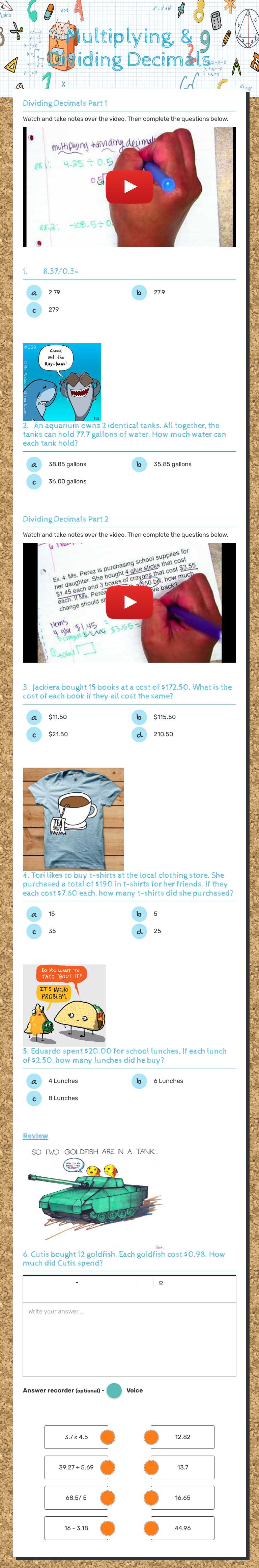 Multiplying, & Dividing Decimals worksheet preview image