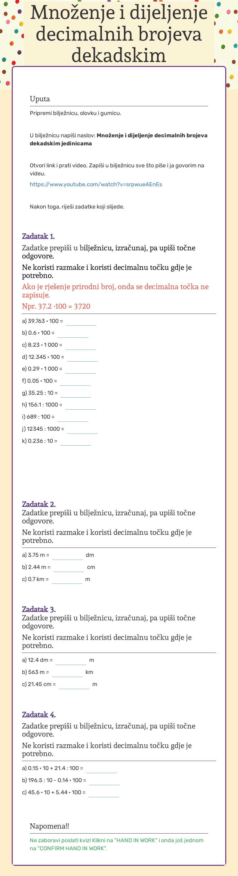 Množenje i dijeljenje decimalnih brojeva dekadskim jedinicama Grade 5 worksheet preview