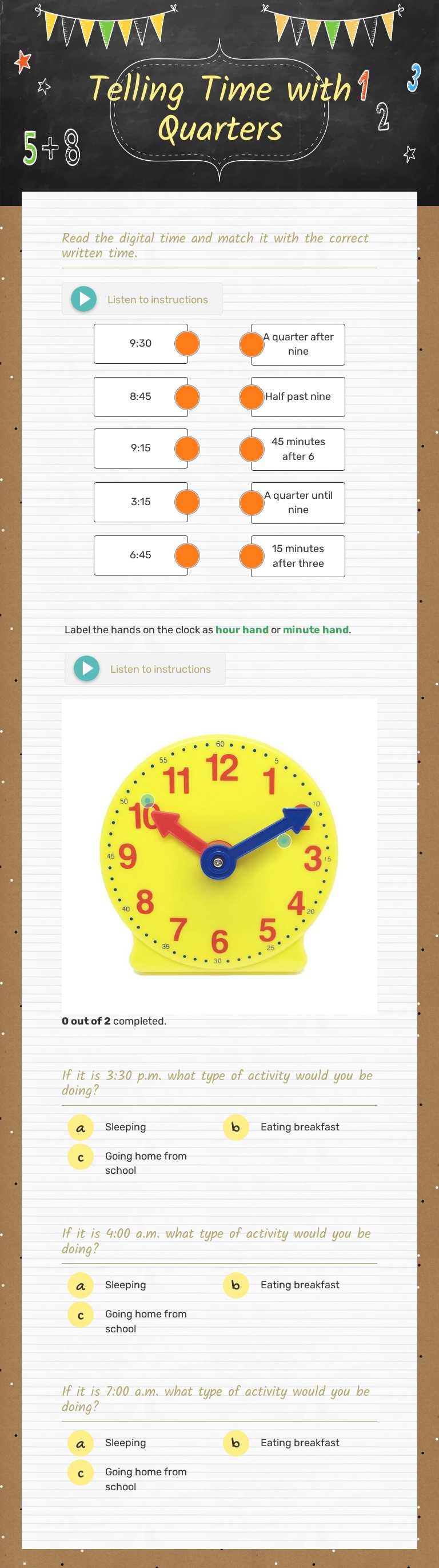 Telling Time with Quarters worksheet preview image
