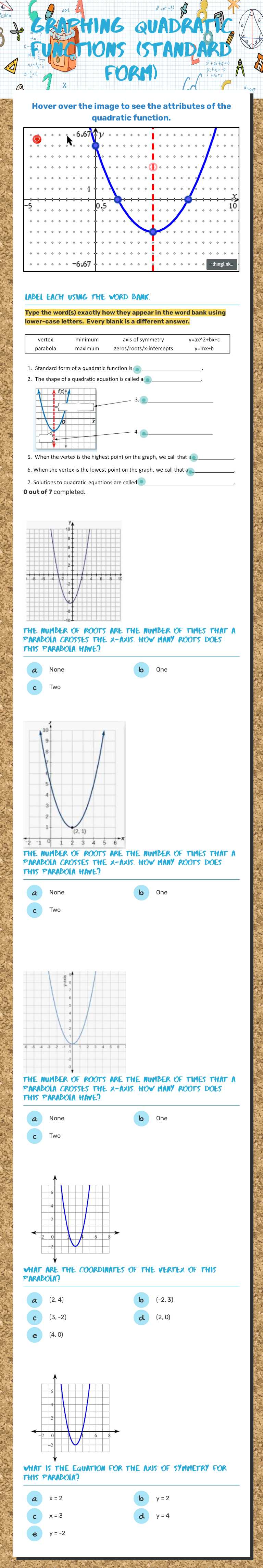 Graphing Quadratic Functions (Standard Form) worksheet preview image