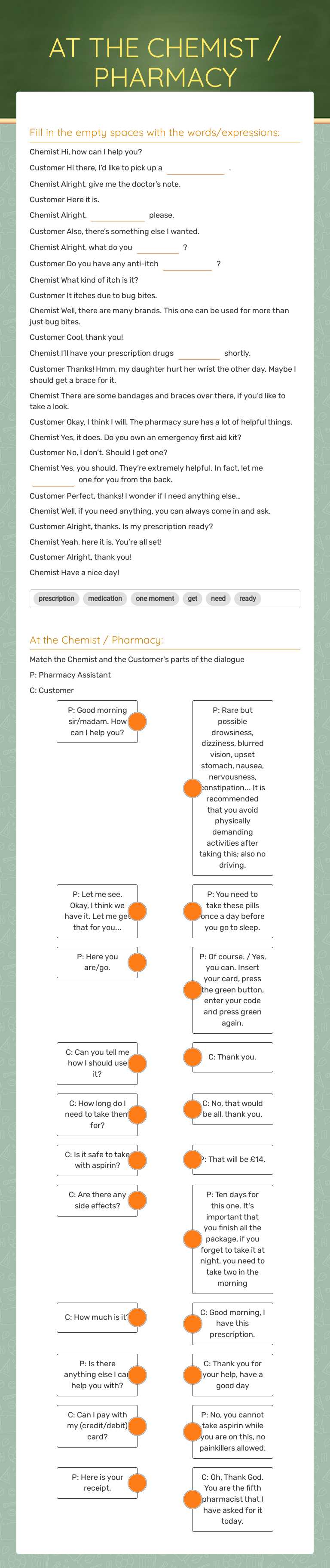 AT THE CHEMIST / PHARMACY worksheet preview image