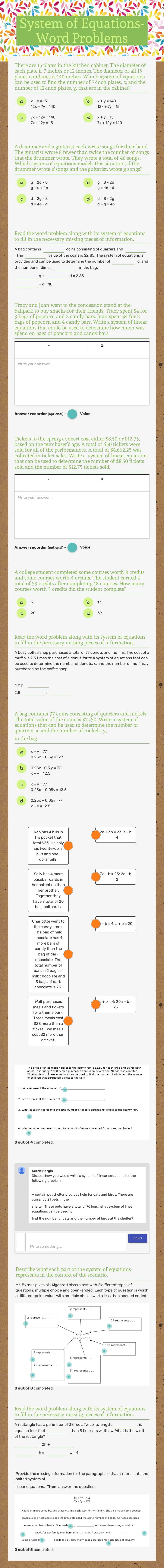 System of Equations-Word Problems worksheet preview image