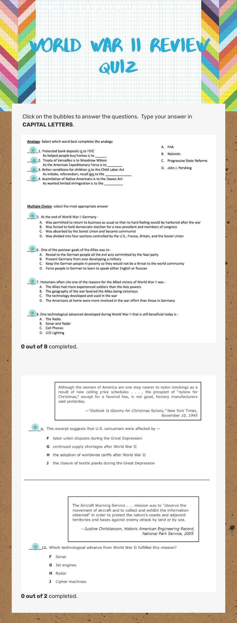 WORLD WAR II REVIEW QUIZ worksheet preview image