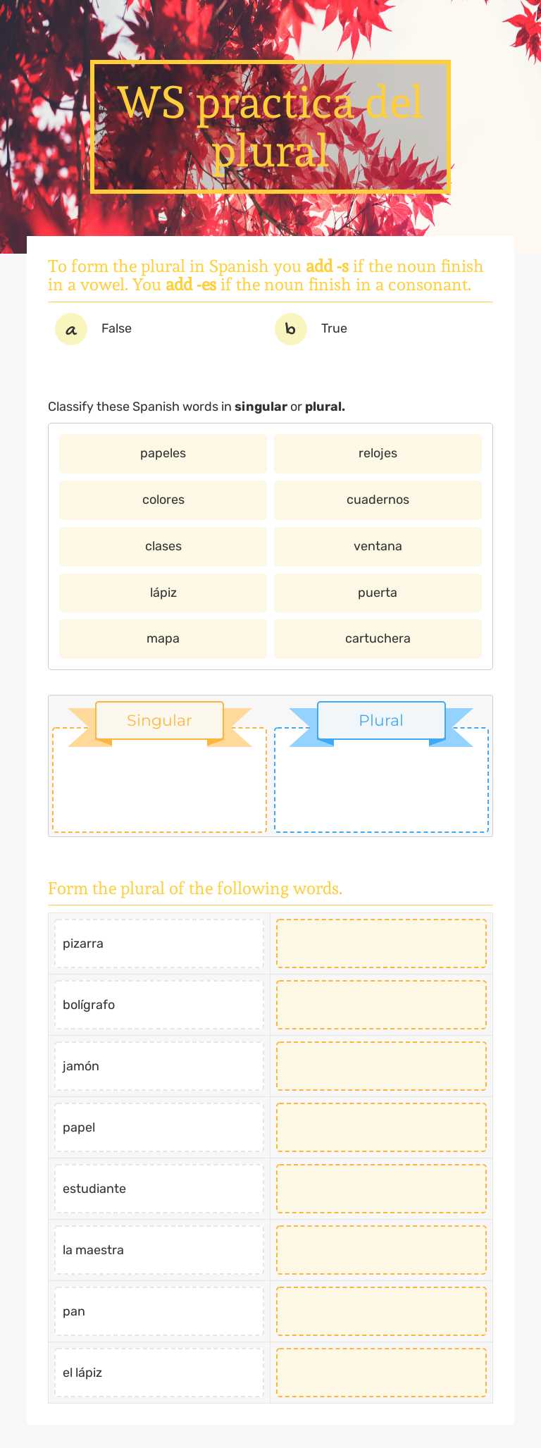 WS practica del plural Grade 6 worksheet preview
