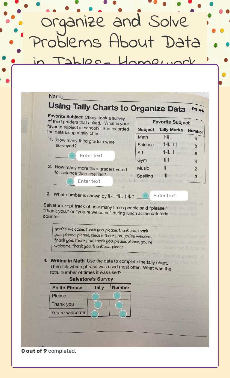 Organize and Solve Problems About Data in Tables- Homework worksheet preview image